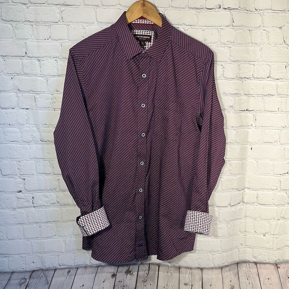 Johnston & Murphy Shirt Mens Medium‎ Red Blue Flip Cuff Fish All Over Print AOP